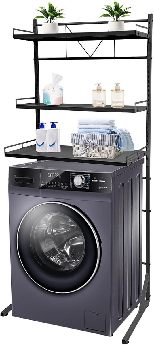 Functionele opbergplank voor wasmachine, 68 x 46.5 x 88.5 cm, multifunctionele rek voor handdoeken en wasmiddelen, zwart