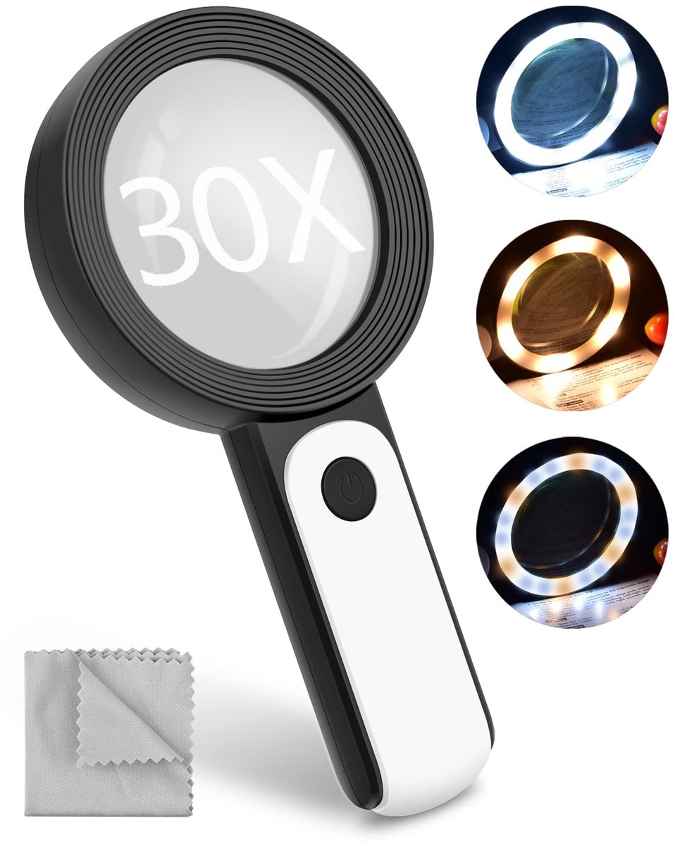 SnelShoppen - Vergrootglas met Licht voor Senioren - 30-Voudige Leesloep met 18 Leds en 3 Modi - Handloep met Dubbele Glazen Lens voor Lezen, Hobby, M