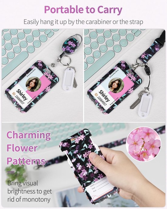 Floral Badge Holder met Roze Bloemen en Zwart Plastic, Inclusief Retractable Reel en Lanyard Strap voor Sleutels en ID Kaarten — afbeelding 5