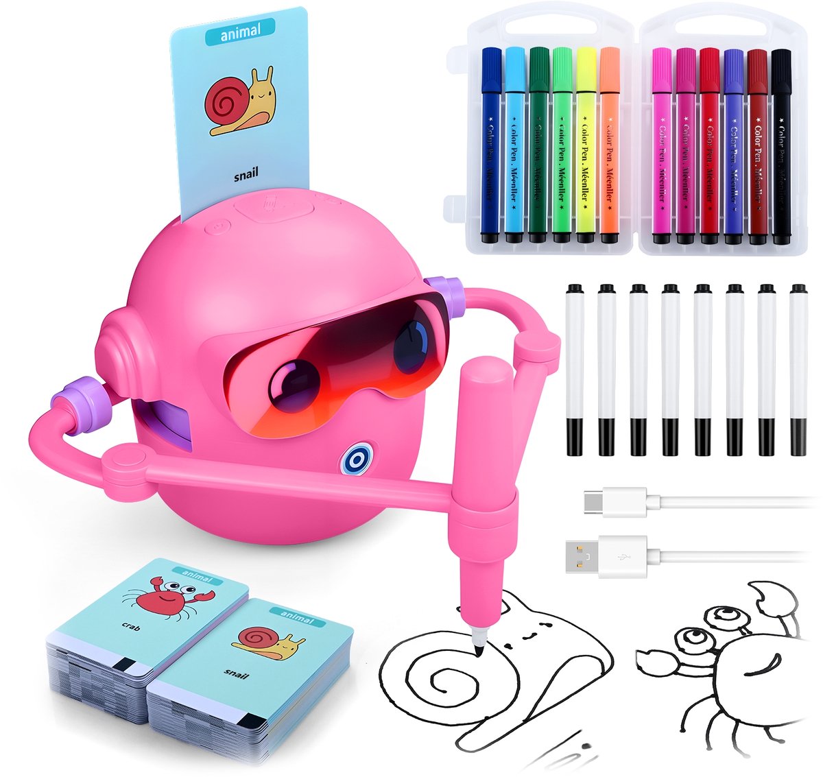 Tekenrobot voor Kinderen van MMOBIEL – Interactief Educatief Speelgoed met 100 Tekenkaarten, Stembegeleiding, 12 Kleurstiften & USB-C Oplaadbare Batterij – Creatief Cadeau voor 3-9 Jaar – Roze