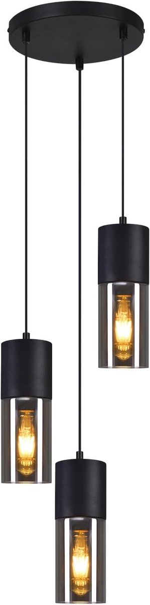 SnelShoppen - Hanglamp Eettafel Zwart 3 Vlammen | Glazen Ronde LED-Eettafellampen E27 Vintage Lampenkap voor Eetkamer Slaapkamer Trap