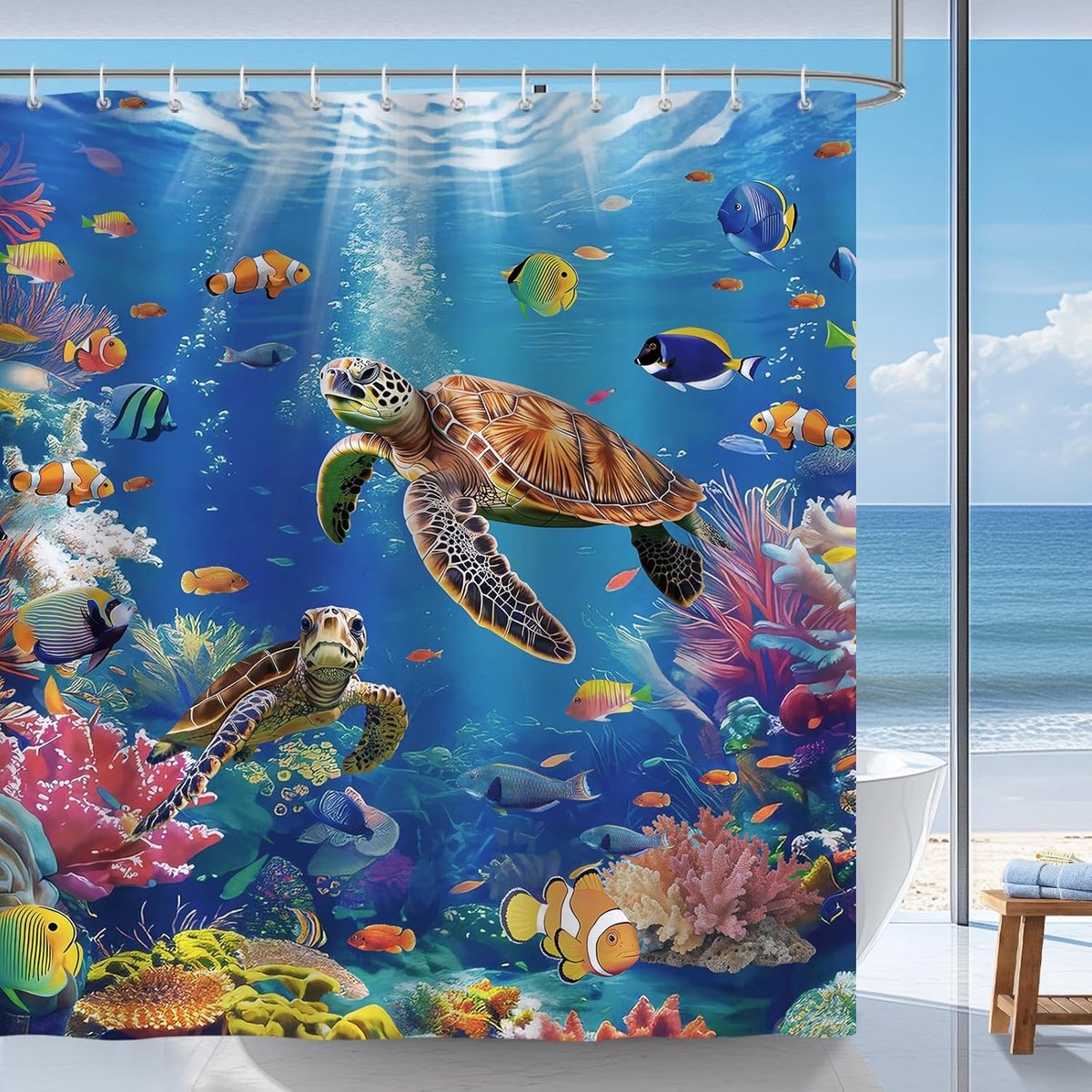 SnelShoppen - Douchegordijn Onderwaterwereld Blauw 180 x 180 cm - Waterdicht, Schimmelwerend, Polyester - Badkamergordijn Tropische Vis met 12 Haken