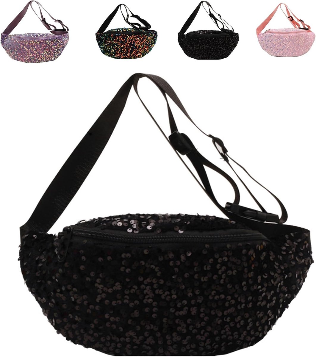 SnelShoppen - Heuptas met Pailletten voor Dames, Verstelbare Riem, Stylish Fanny Pack, Zwarte Schoudertas voor Sport, Hardlopen, Wandelen, Camping, Fe