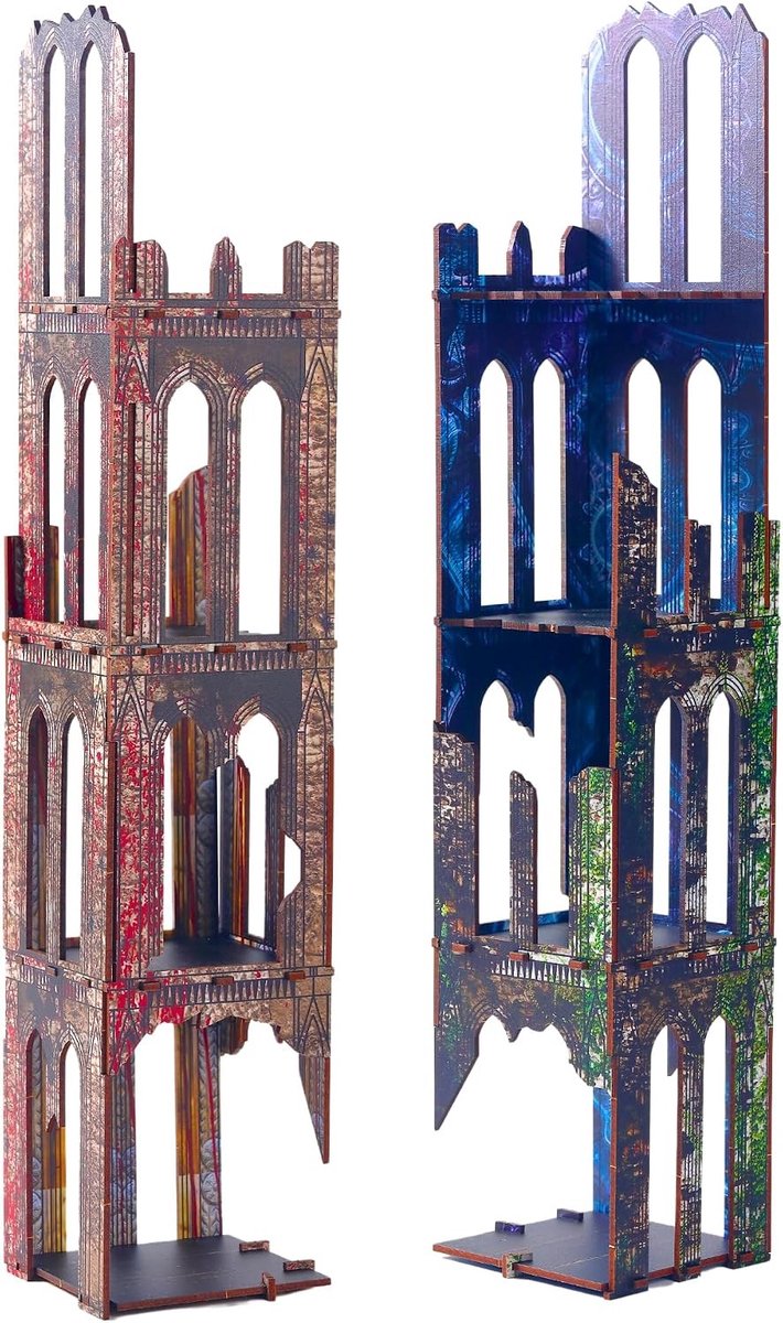 Gothic Sci-Fi Torens Terrain Set voor WH40K en D&D, Geschilderde Modulaire Gebouwen voor Tabletop Landschappen en Miniaturen, Perfect voor RPG Wargames en Battlezone Creatie