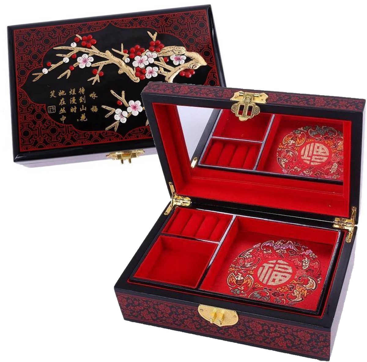 SnelShoppen - Sieradendoos Kersenbloesem - Luxe Opbergdoos voor Sieraden van Gelakt Hout - Decoratieve Geschenkdoos voor Dames - Aziatische Decoratie