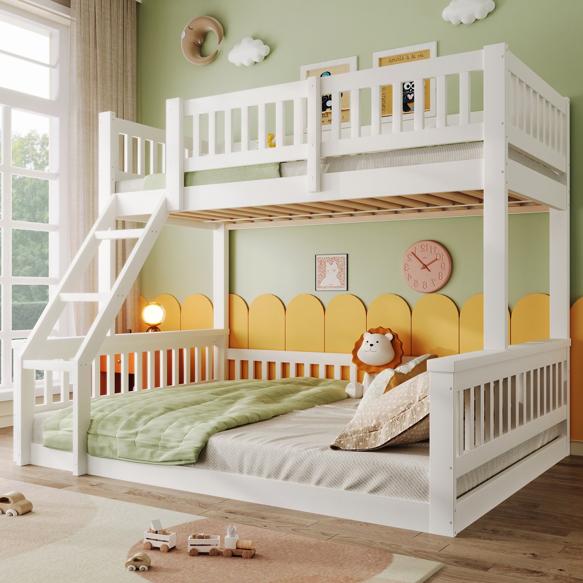 COVREO Stapelbed met ladder en hekken – 90x200 en 140x200 cm – Kinderbed voor kamers – grenenhout, MDF en multiplex – Wit - zonder matras
