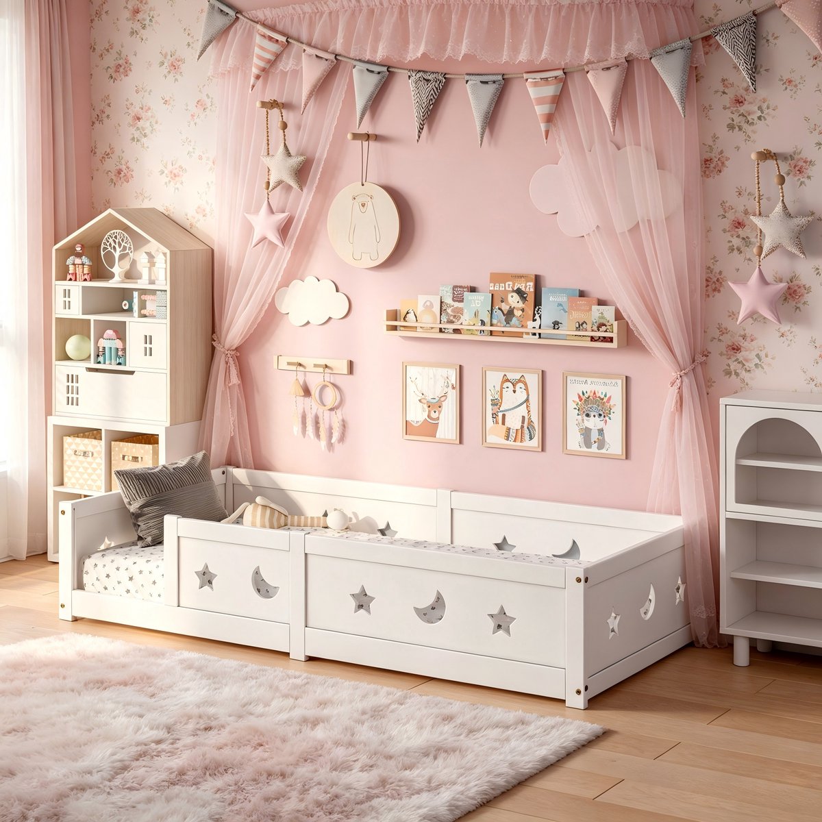 ROSAHQNDA kinderbed 140x200 - Montessori Vloerbed - Kinderbed met veiligheidshekje - lattenbodem - massief grenen - zonder matras Wit