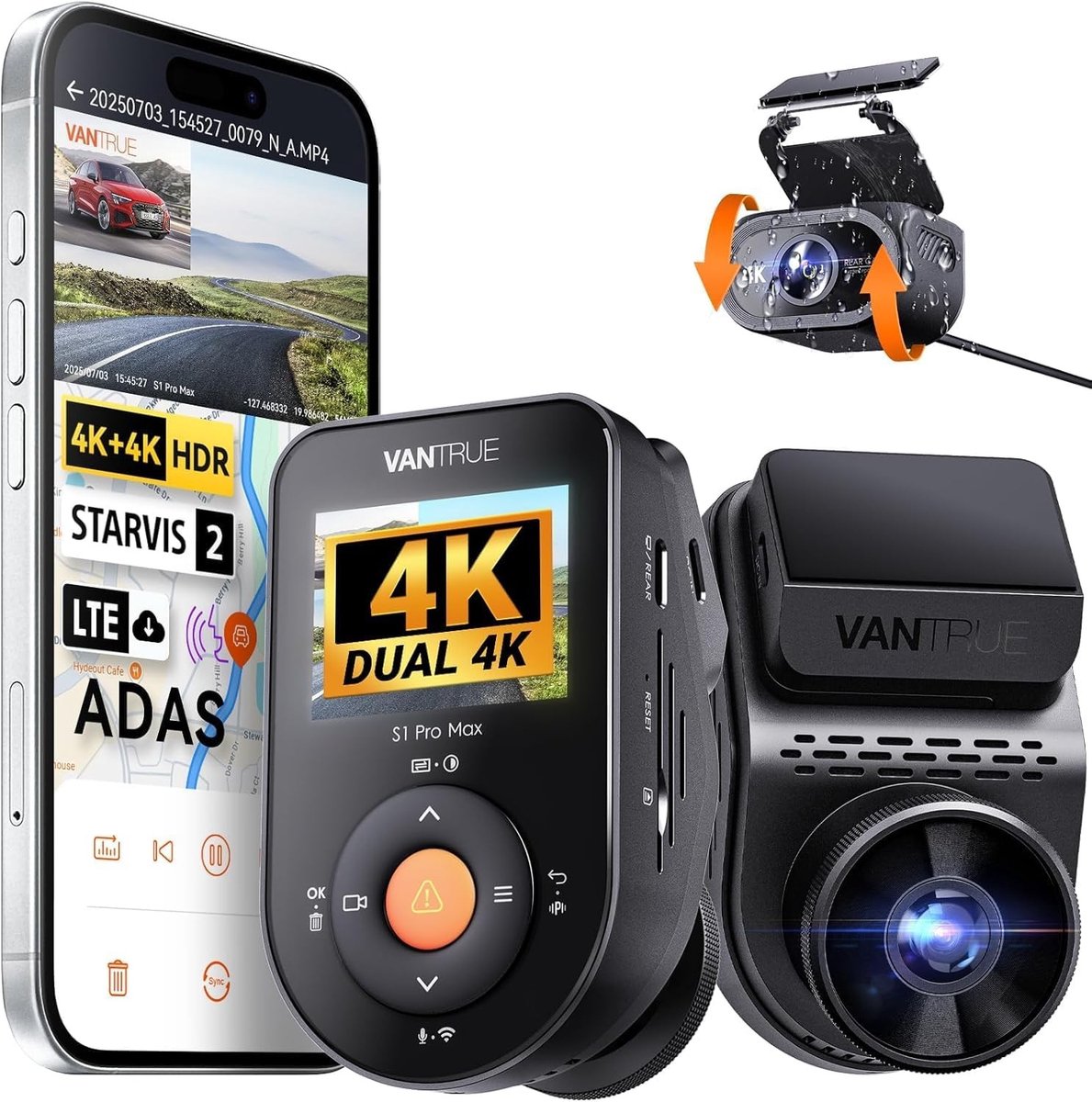 Dashcam voor auto - Zwart - Dubbele 4K camera met GPS, WiFi en Nachtzicht - Voor Vooraan en Achteraan