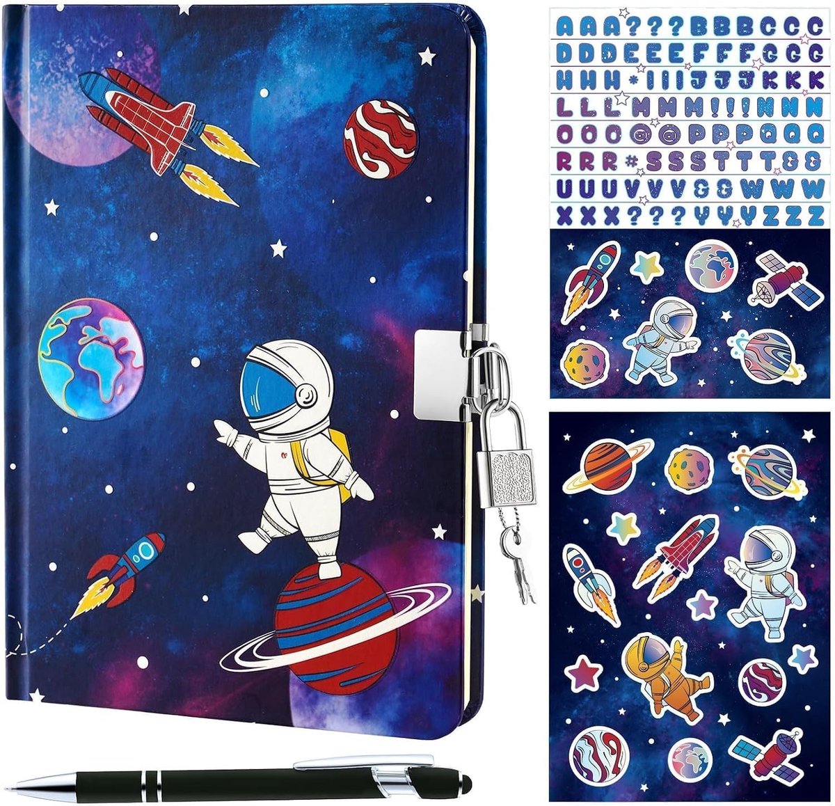 Dagboek met slot - Oppervlak A001 - A5 - Hardboard Notitieboek met Pen en Stickers - Voor Kinderen en Jongens
