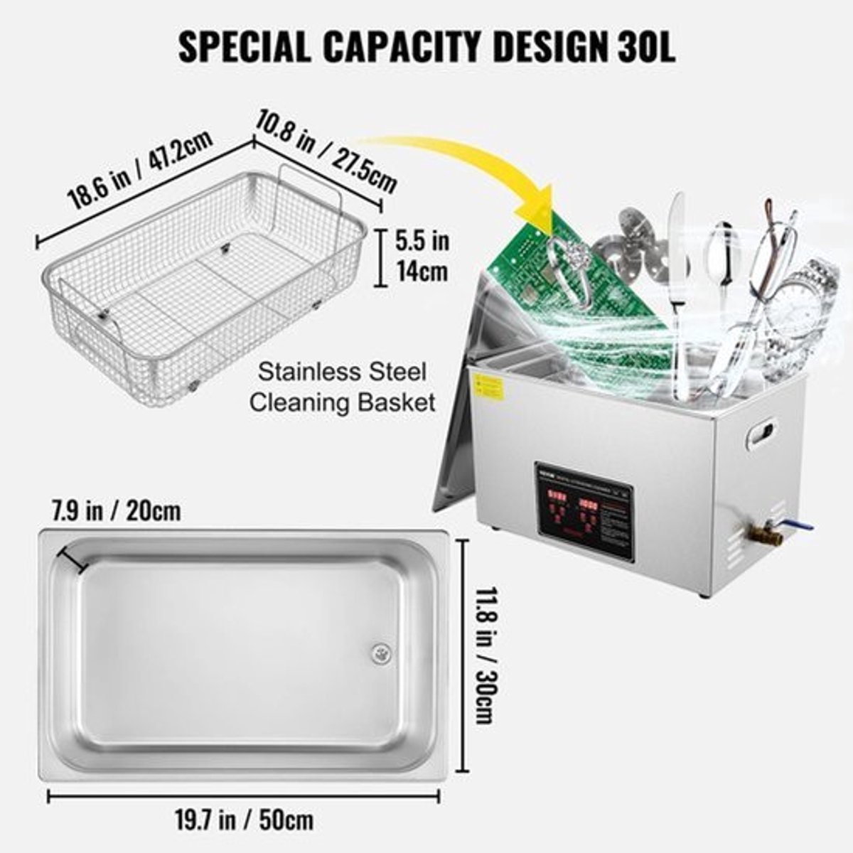 Ultrasoon Reiniger - Reinigingsapparaat voor Sieraden en Brillen - 30L - Ultrasone - Ultrasonic Cleaner - met Digitale Timer en Verwarming - Extra Grote Roestvrijstalen Reinigingsmachine - voor Professioneel Gebruik