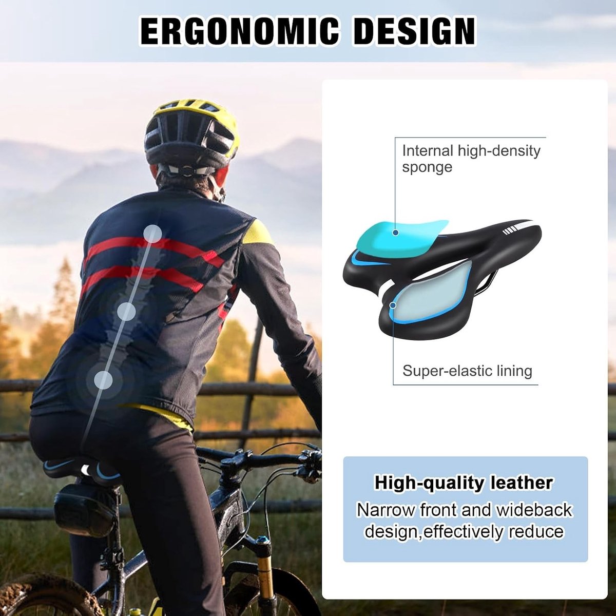 Comfortabel ergonomisch fietszadel - Zwart-blauw - 26 x 19 x 5 cm - PU Kunstleer en Gelvulling - Voor Mountainbike en Racefiets