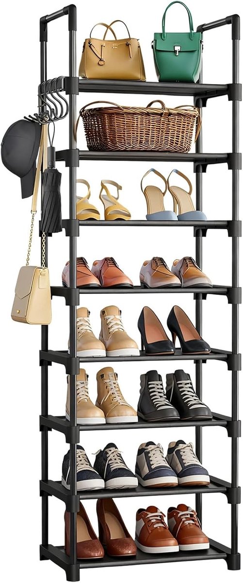 Schoenenrek - Zwart - 47 x 27 x 204 cm - Metalen Schoenenopslag met 10 Niveaus - Voor Entree, Woonkamer en Slaapkamer