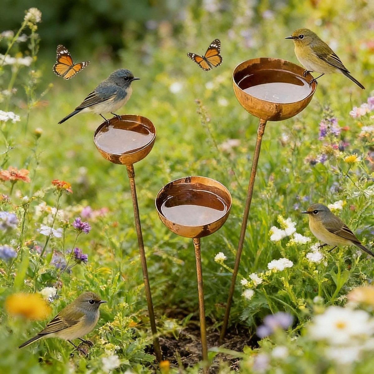 Vintage Tuindecoratie: 3-delige Vogelbad Set, Winterbestendig Voederstation en Insectenbox voor een Bloeiende Tuin