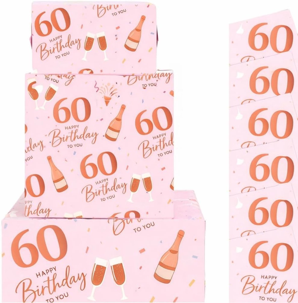 Cadeaupapier 60 Jaar - Inpakpapier Roze - Verjaardag Vieren - Levendig Design - 6 Vellen 50x70cm - Roze