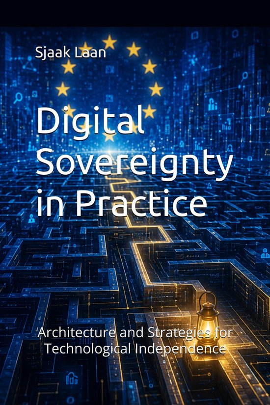 Boek 'Digital Sovereignty in Practice' met een afbeelding van een doolhof van digitale circuits, Europese sterren en een lantaarn.