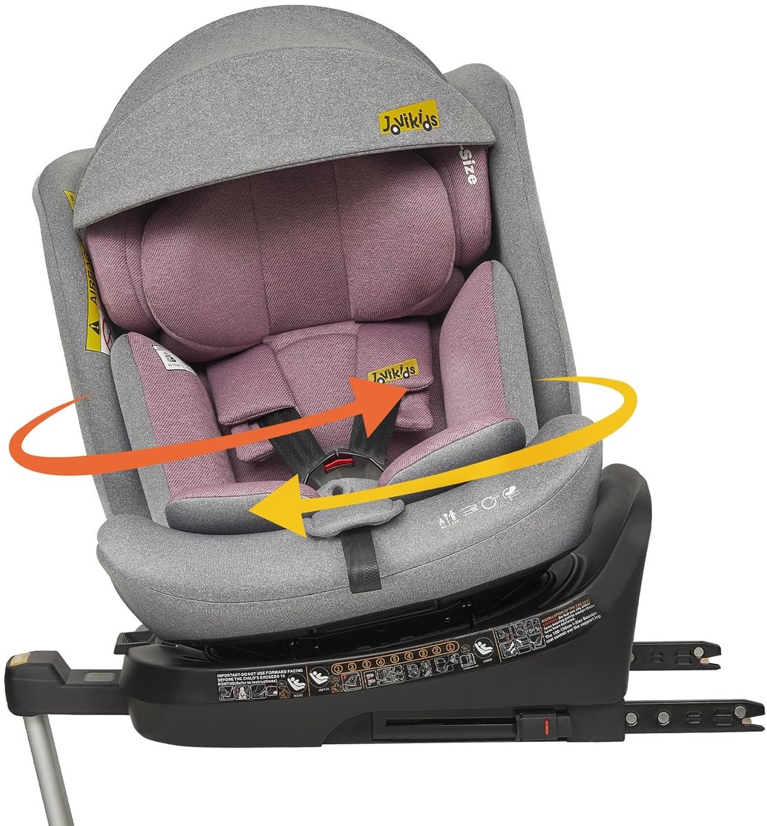 Wishdor Kinderautostoel 360° draaibaar - i-Size ECE R129 - ISOFIX met steunpoten - ligstand - afneembare kap - roze grijs - 40-150 cm