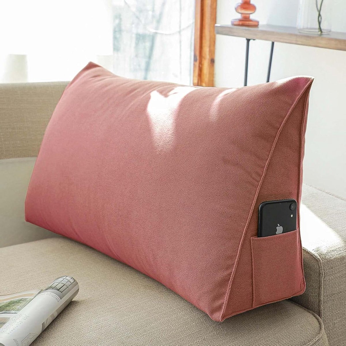 Steunkussen - Lendensteun Kussen - Ontspannen Lezen - Met Handige Zak - 80x35x20cm - Roze