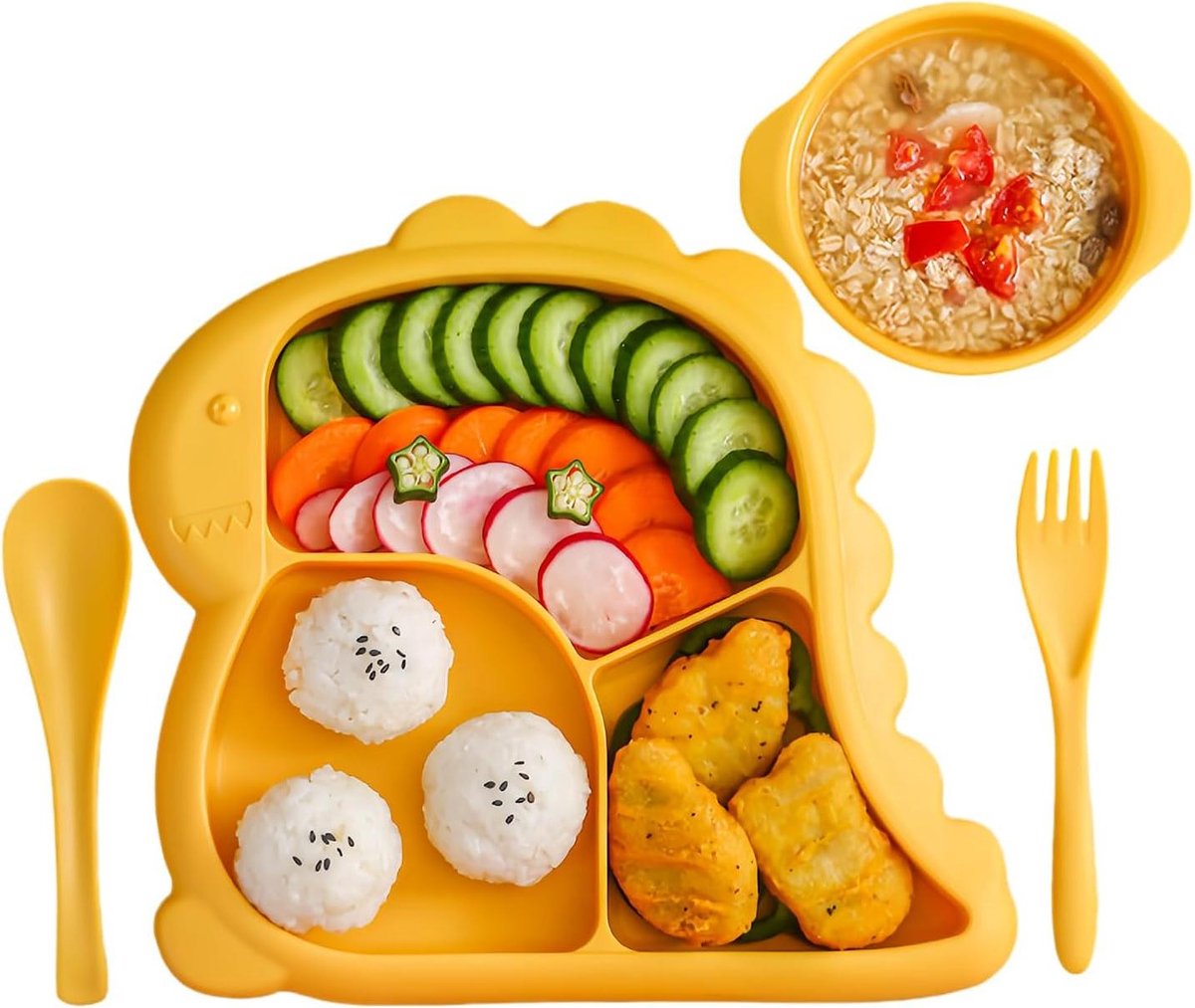 Kinderborden Met Vakjes - Kinderservies Set - Zelfstandig Eten - Cartoon Dinosaurus Ontwerp - 23 x 215 cm - Meerkleurig