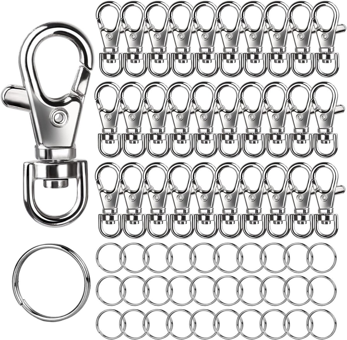 Ulisem - Sleutelhanger Maken Set 60 Stuks – 30 Karabijnsluitingen & 30 Sleutelringen – Metalen Sleutelhanger Onderdelen voor DIY, Sieraden & Knutselen – Zilver