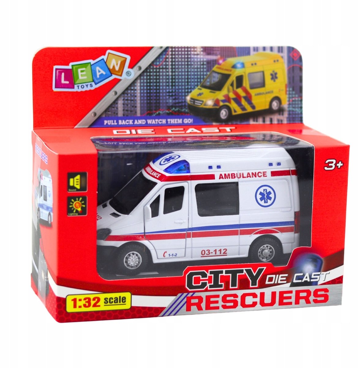 Metalen Ambulance Speelgoed 1:32 met Pull-Back, Licht & Geluid