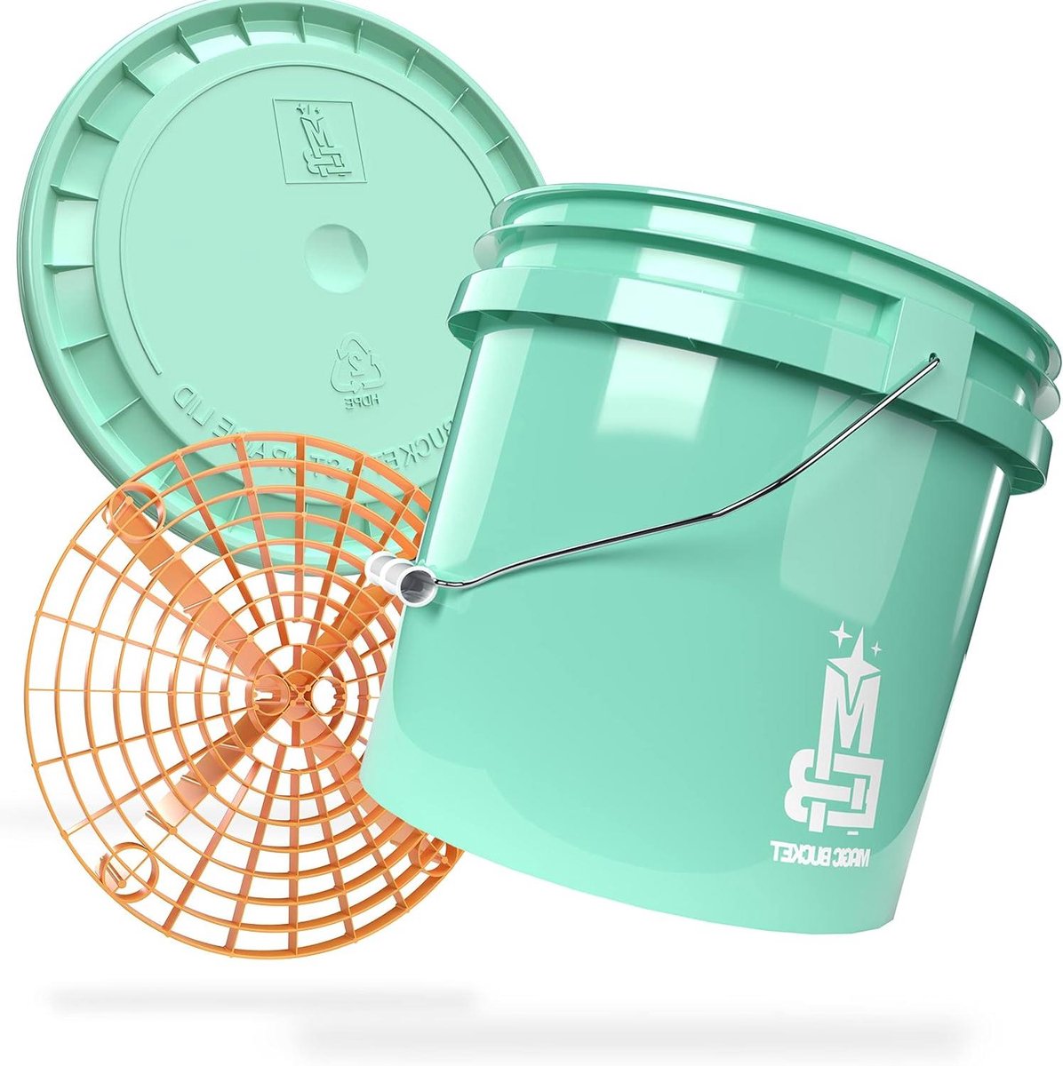 Wastemmer met Deksel - Emmer Set - Auto Wassen - Inclusief Vuilzeef - 13 Liter - Mint Oranje