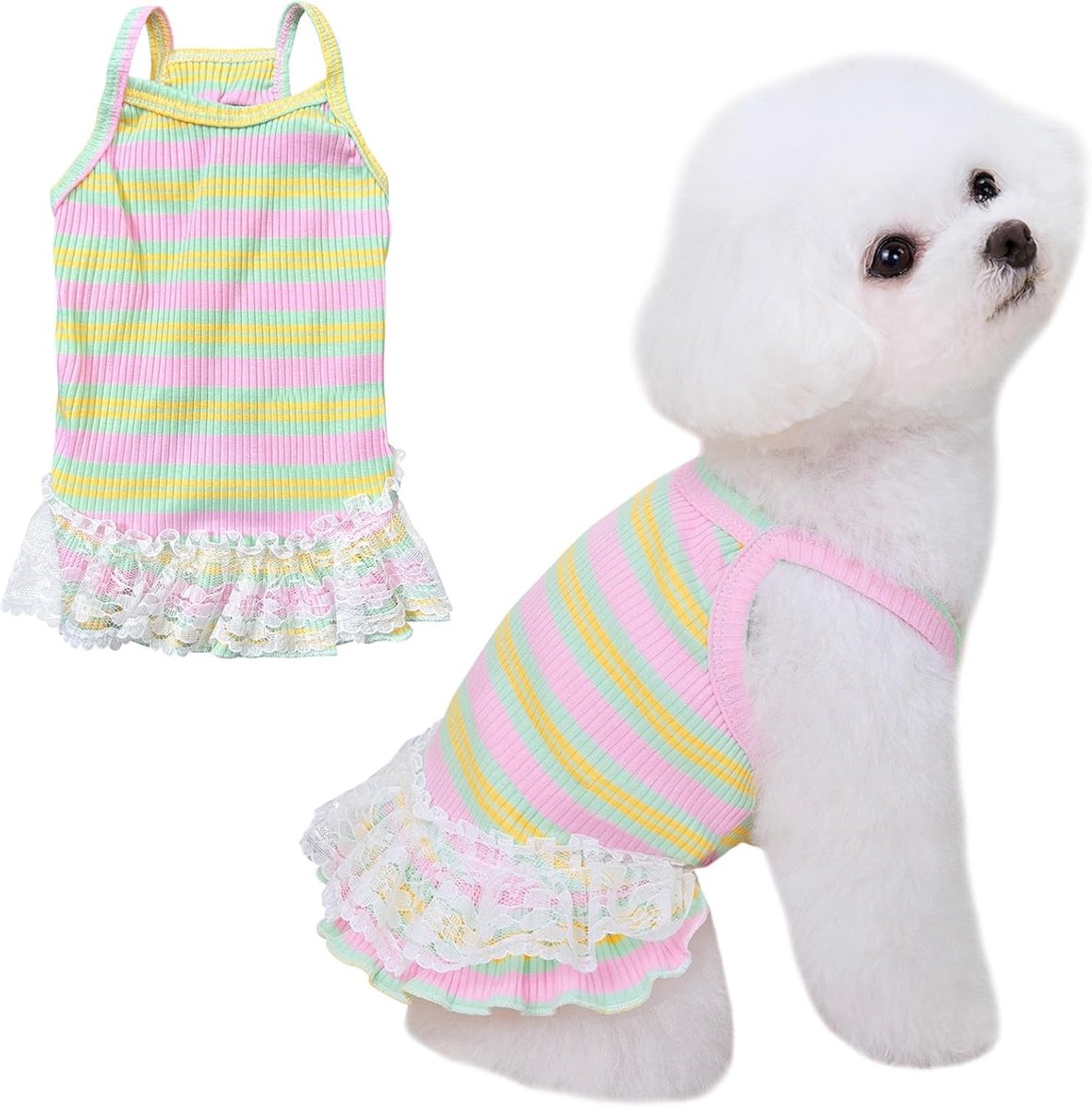 Zomeroutfit voor Honden en Katten - Mouwloos Gestreept T-shirt en Tutu Rok voor Kleine en Middelgrote Huisdieren (Geel, L)