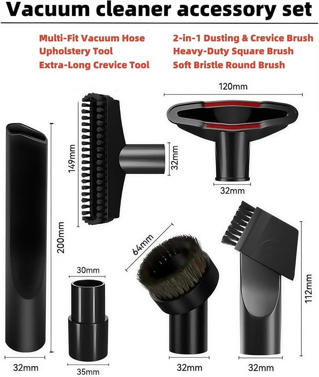 Set van 6 stofzuigeraccessoires met een diameter van 32 mm en 35 mm voor optimale reiniging en veelzijdigheid