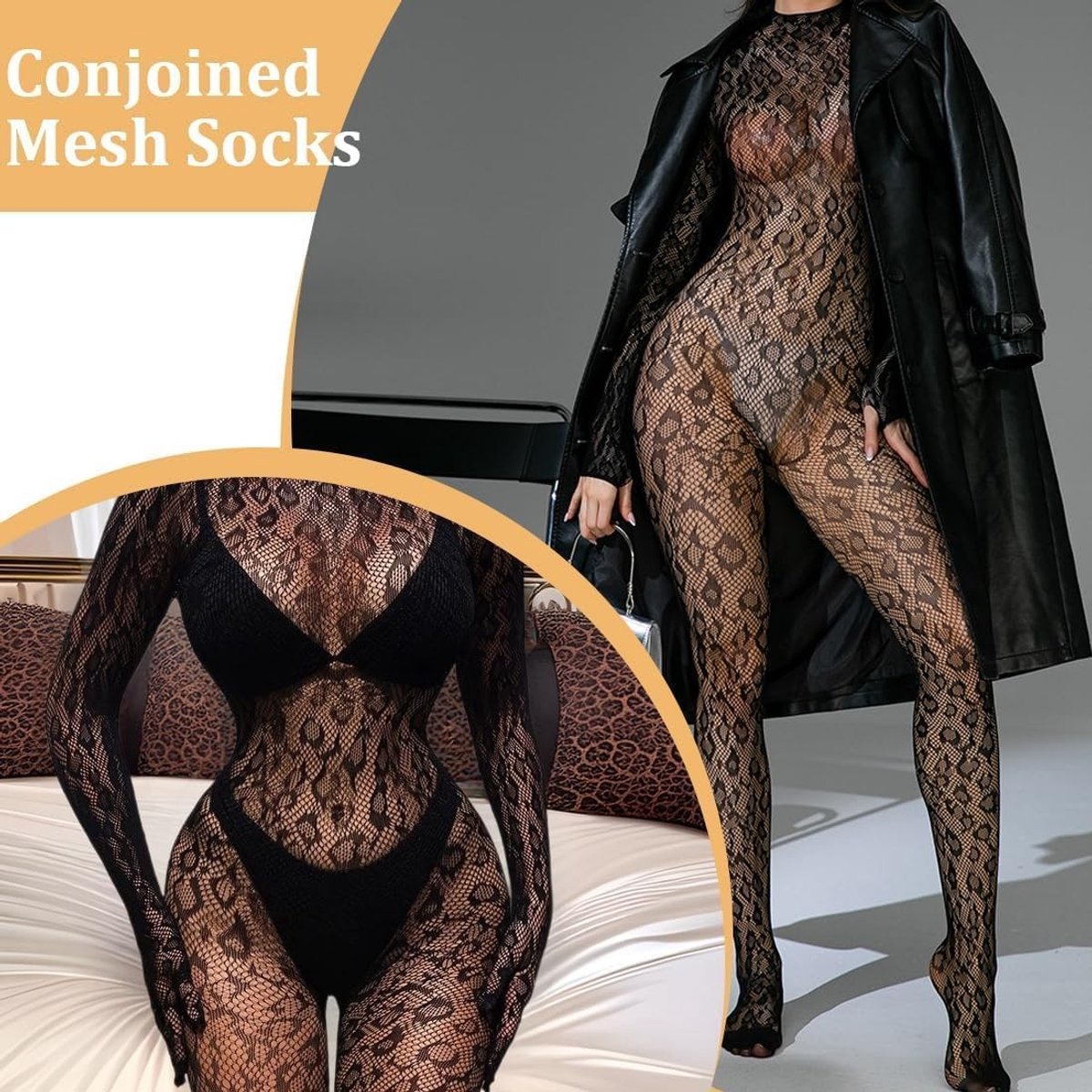 Damespanty met lange mouwen, mesh-inzetstuk en doorzichtige kousen voor een stijlvolle look