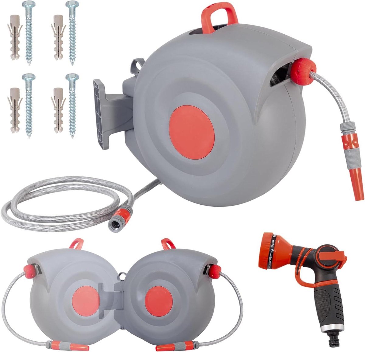 Automatische Slanghaspel - Wandslangbox - Tuin Bewateren - 180° Draaibaar - 30 Meter - Grijs