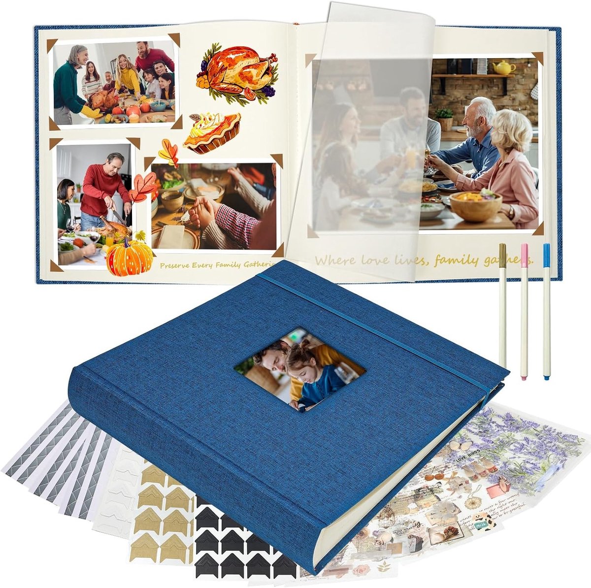 Linnen Fotoalbum 30 x 30 cm met Schrijfruimte - Persoonlijk Maakbaar DIY Scrapbook voor Bruiloften, Verjaardagen en Familieherinneringen (60 Pagina's, Donkerblauw)