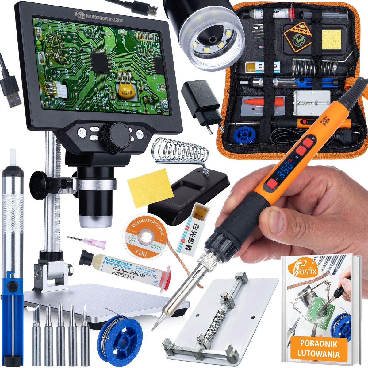 Rosfix NanoZoom AX1200 MasterKit Pro - Microscoop 7" LCD 12MP 1200x - Soldeerbout 80W 180-500°C