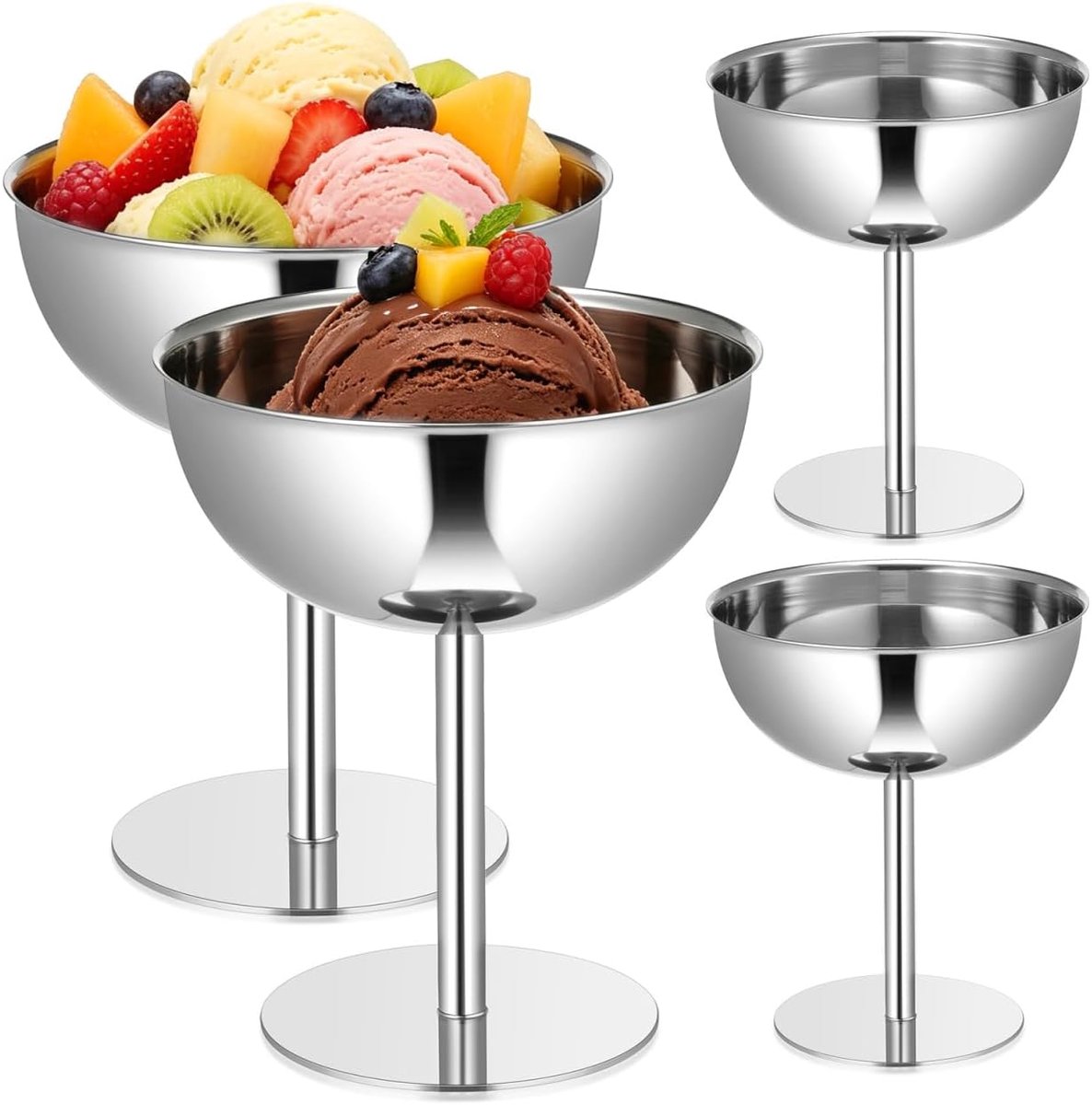 Bobypet - IJsbekers - RVS dessertbekers op voet - Set van 4 - Hoge metalen dessertkommen - Voor het serveren van ijs, pudding en fruit - Voor keuken en desserttafel - 10*11cm - Zilver