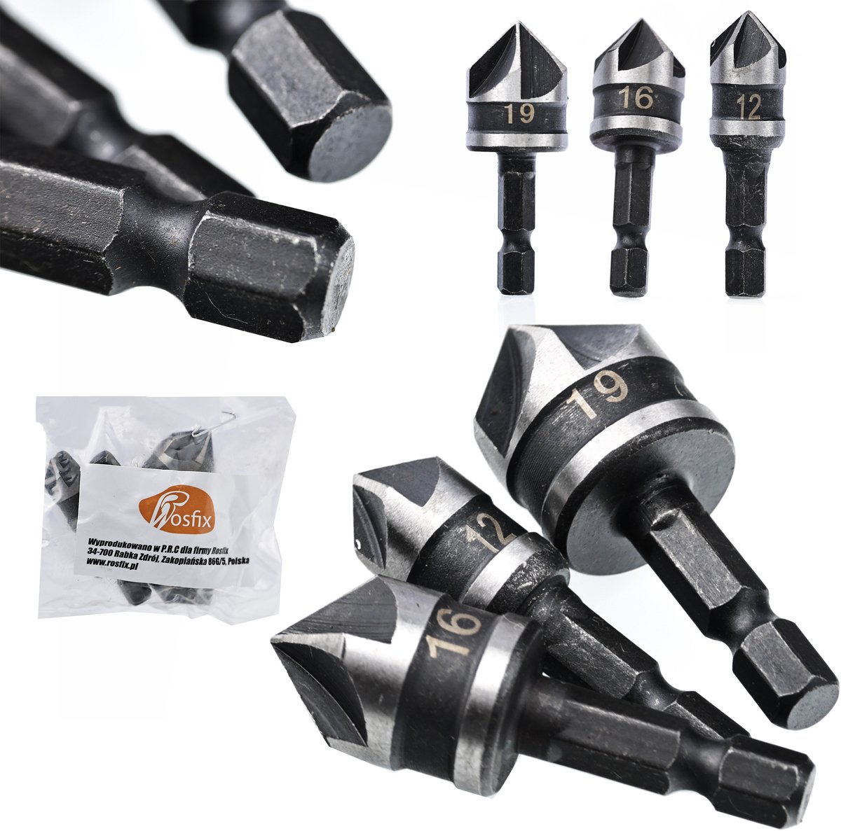 Rosfix Verzinkboor Set - Precisie Verzinkers - 1/4"" Schacht, Roestvrij Staal, Ø12/16/19mm