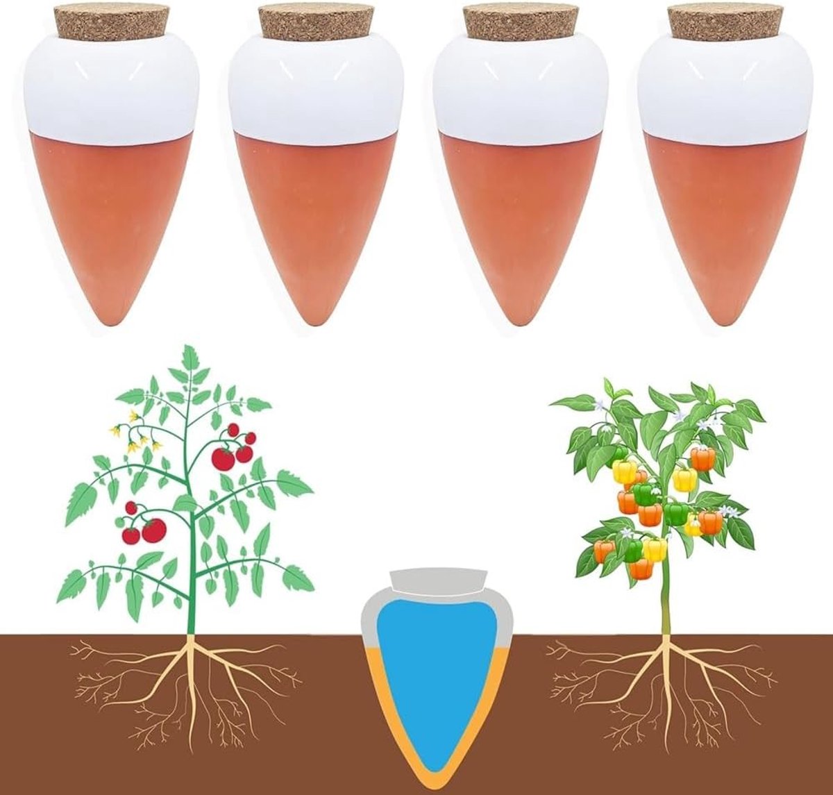 Irrigatieballen voor planten - Terracotta irrigatiespiesen voor langzame waterafgifte, set van 4 stuks voor optimale plantverzorging