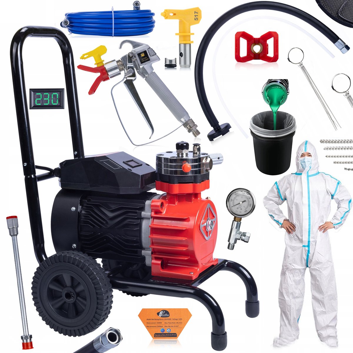 Rosfix Airless Verfspuit Strong Storm RSS05 - 3500W 22MPa 18L/min - Roestvrijstalen Pomp 304, 8m