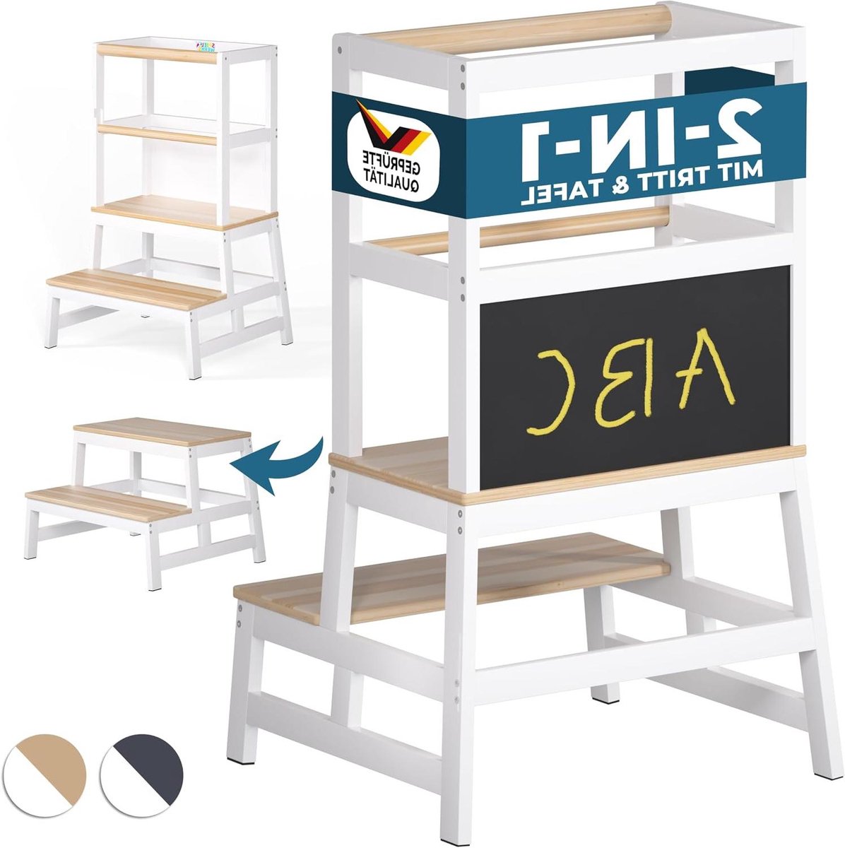 Speeltoren Kinderen - Keukenhulp Opstap - Meegroeien met kind - Trapeziumvormige stabiele basis - 56x49x93 cm - Natuur Wit