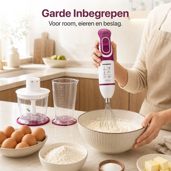 Heinner Staafmixer Set - 600W - 5 Snelheden - Turbo Functie - 700 ml Maatbeker - 500 ml Hakmolen - Garde - RVS Staaf - Wit/Bordeauxrood van Heinner — afbeelding 4