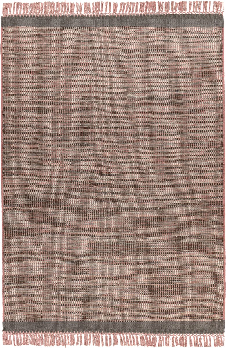 Padiro laagpolig vloerkleed 170 x 240 cm - grijs / roze - modern effen design - met franjes - geschikt voor vloerverwarming - van wol en katoen en viscose