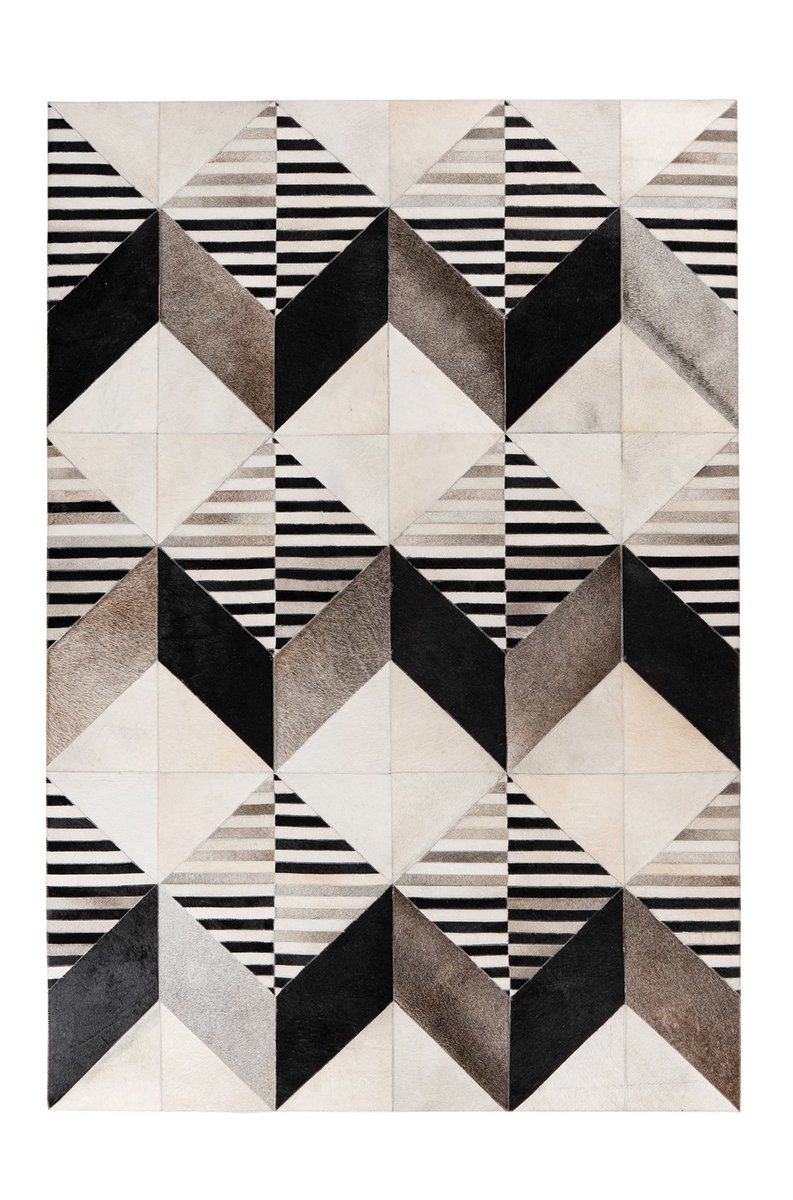 Padiro leren vloerkleed 80 x 150 cm - zwart / beige - modern patchwork design - met strepen en geometrisch patroonn - geschikt voor vloerverwarming - handgenaaid - van leer
