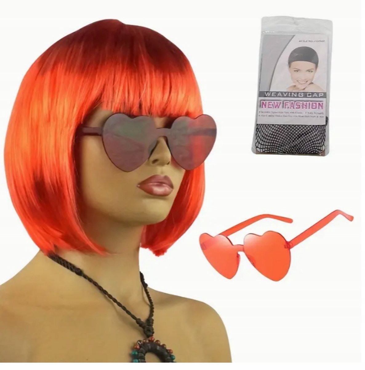 Oranje Bob Pruik met Bril - Kort Haar, Cosplay & Feesten - 25 cm