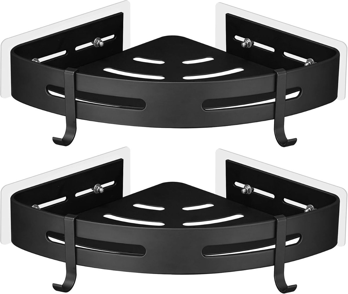 Telescopisch doucherek - Zwart - Aluminium Doucheplank met 2 Verdiepingen en 4 Haken - Zelfklevend Zonder Boren - Voor Badkamer en Keuken