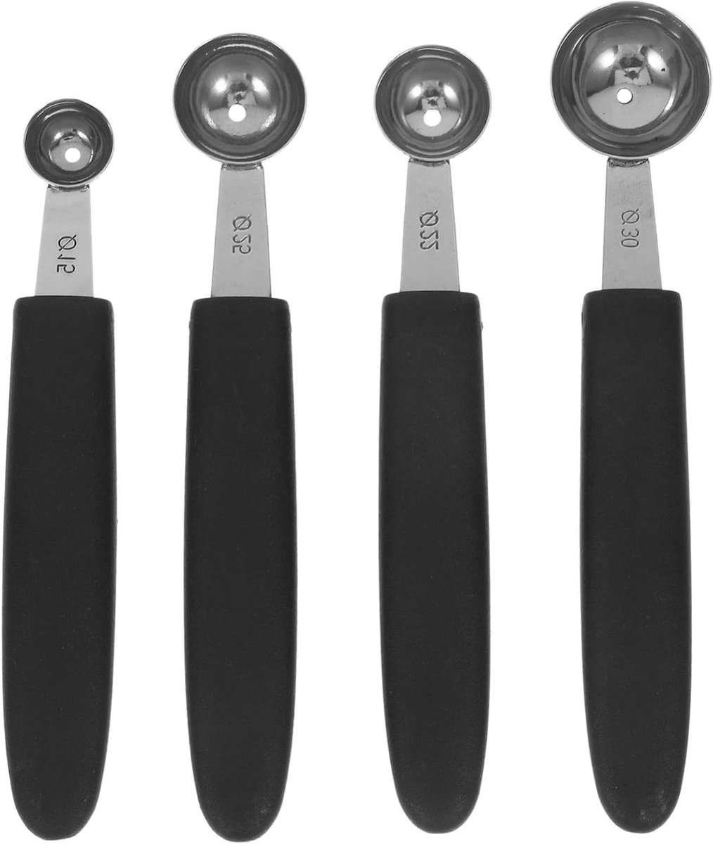 Fruitlepels Set - IJsschep Meloenmaker - Fruit Decoreren - Roestvrij Staal - 4 Delig 15-30mm - Zwart