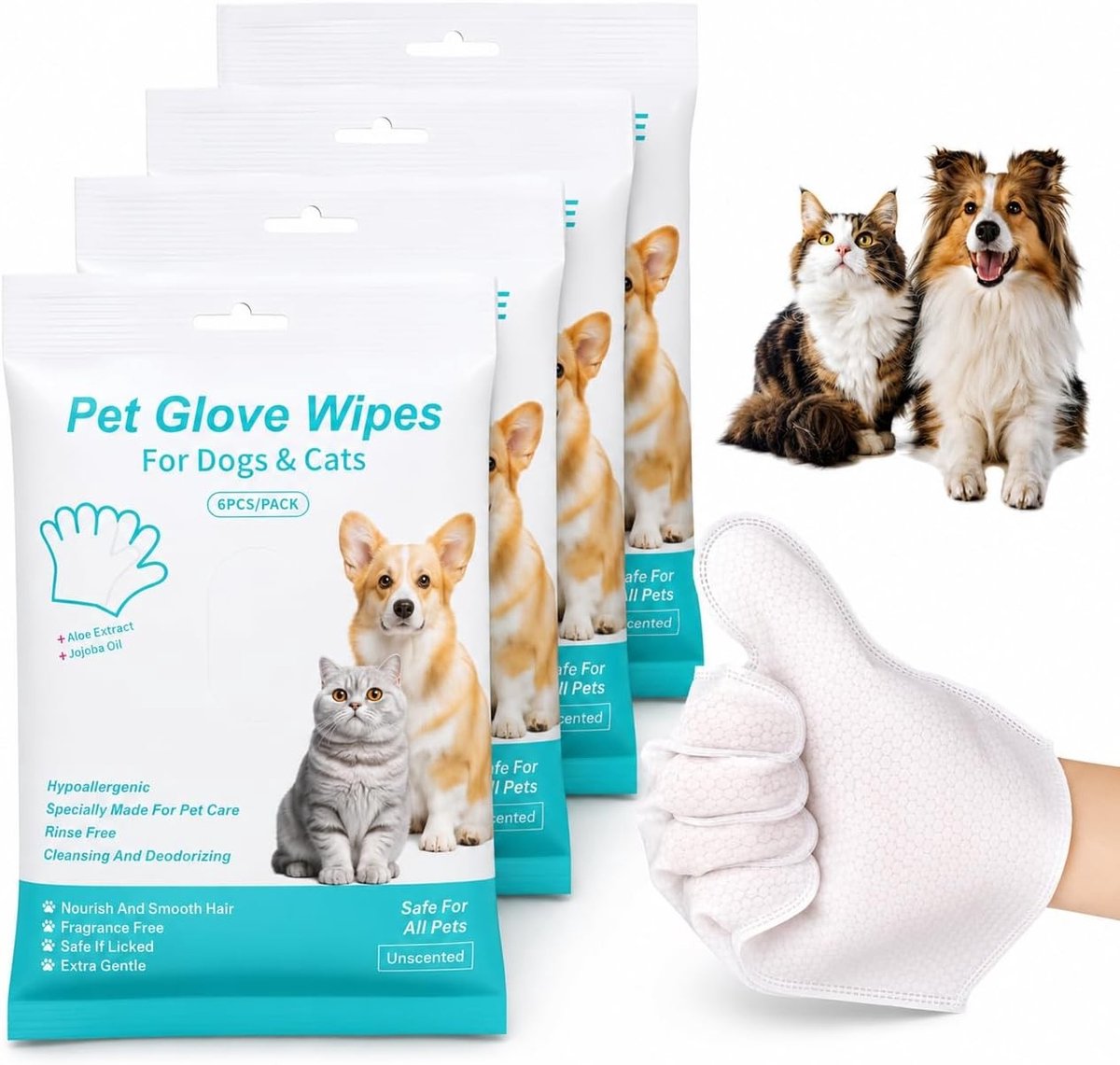 SnelShoppen - 30 stuks hypoallergene handschoendoeken voor honden en katten, zachte vachtverzorgingsdoeken, anti-allergische reinigingshandschoenen vo