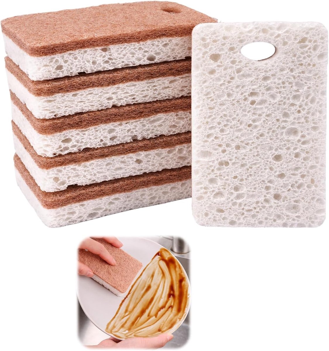 Biologisch Afbreekbare Keuken Sponsen Set van 6, Dubbelzijdige Afwasponsen, Natuurlijke Kokosvezel en Sisal, Duurzame en Herbruikbare Schrobsponges voor Vlekkenverwijdering