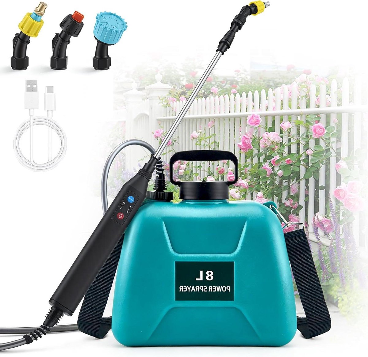 Elektrische Drukspuit - Plantensproeier Tuinspuit - Tuinonderhoud Schoonmaken - 3 Sproeiers Telescoopstang - 8 Liter Capaciteit - Groen