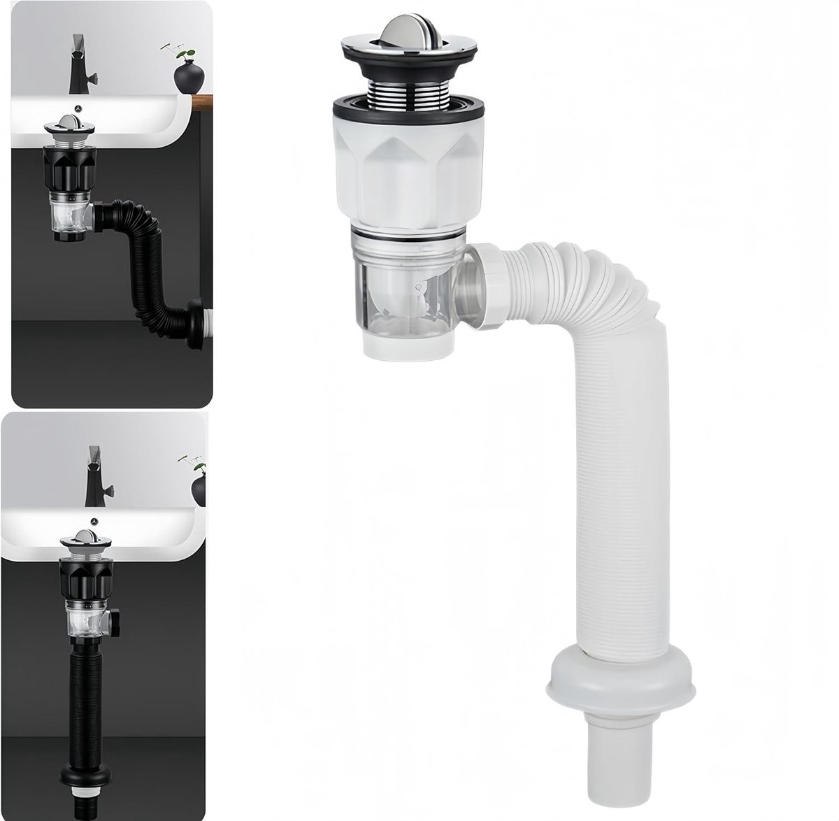 Flexibele en Uitbreidbare P-Trap Afvoer Set voor Badkamer Sink met Anti-Geuroverlast voor 1-1/4", 1-1/2" en 2" Afvoeropeningen