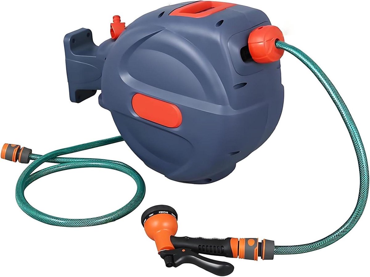 Intrekbare Tuinslanghaspel - Wandslanghaspel Automatisch - Tuin Besproeien - 180° Draaibare Schuif - 10 Meter - Grijs