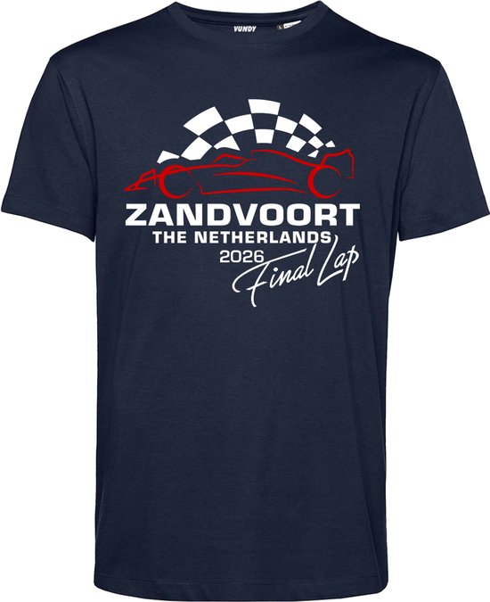 Donkerblauw T-shirt met rode raceauto-silhouet, schaakbordvlag en "ZANDVOORT THE NETHERLANDS 2026 Final Lap" tekst.