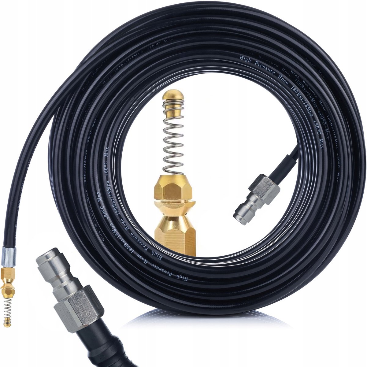 Rosfix Hogedrukslang 30 m - Veer-Spuitmond Messing - 1/4” QC, 200 bar, 60°C - Riool, Pijpen, Goten