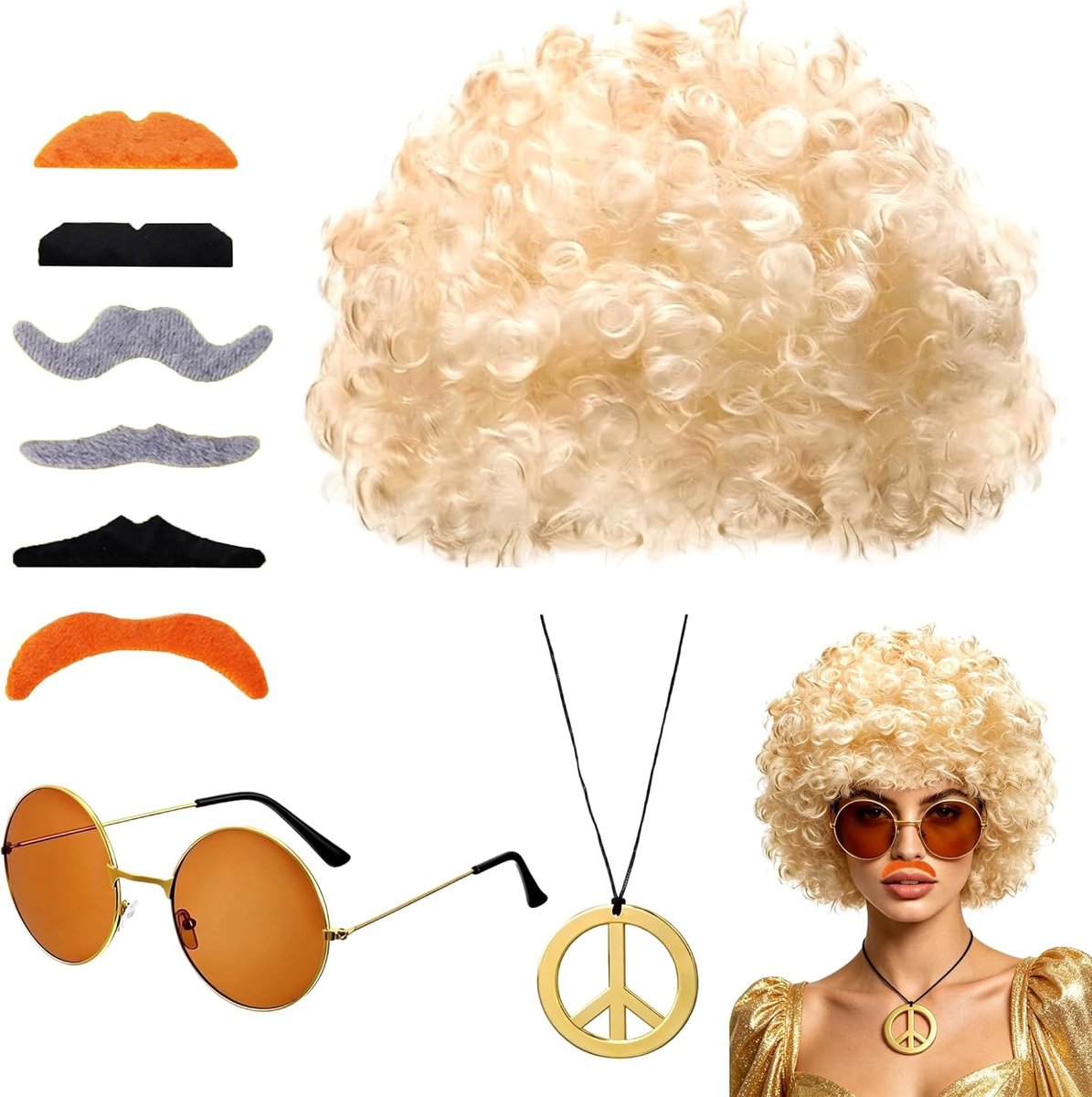 9-delig Hippie Kostuum Set voor Mannen met 70's en 80's Disco Peruk, Zonnebril, Vredesteken Ketting en Snor voor Themafeesten